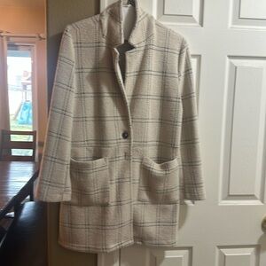 Maurice’s Medium Coatigan. In a cream with grey.